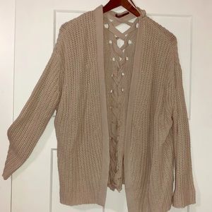Oversized Open Front Sweater, Lace Up Back